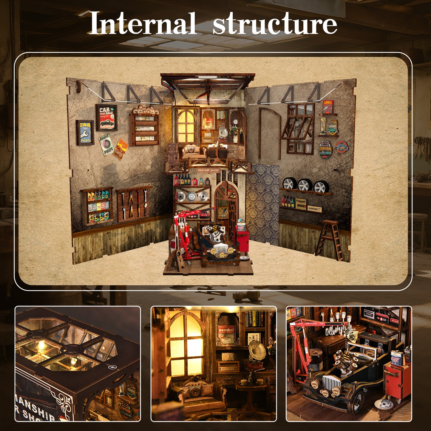 TJWFUNFUN DIY Book Nook Kit – Dark Box Mystery Case Craftsmanship Repair Shop | Difficulty: ★★★★ | 374 Pieces | 4–6 Hours Assembly | Wooden Miniature Model with LED Ambient Light & Dust Cover