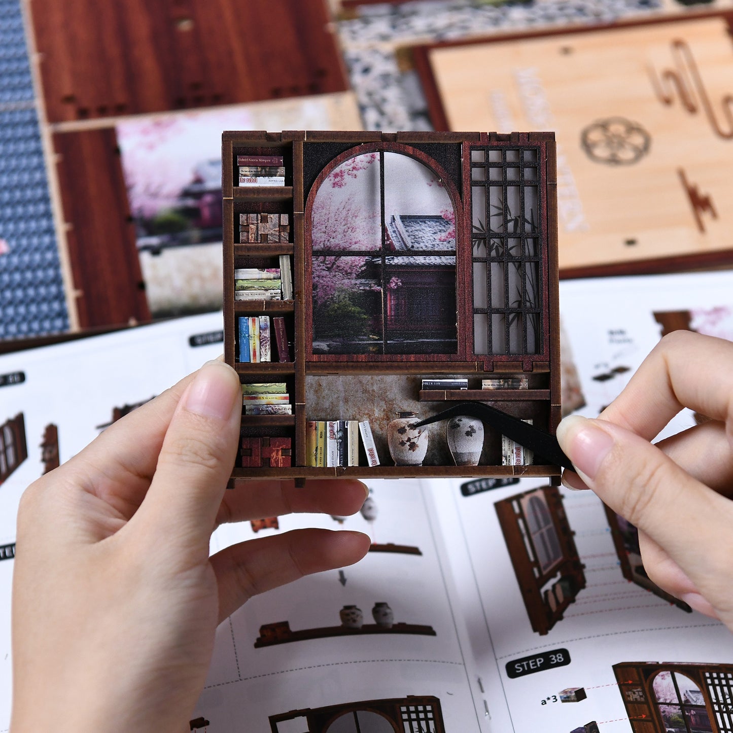 TJWFUNFUN DIY Book Nook Kit – Moss Lantern Harmony Garden, Japanese-Style Miniature Dollhouse with LED Light, Wooden Puzzle Craft Gift for Adults ★★ Difficulty, 14+