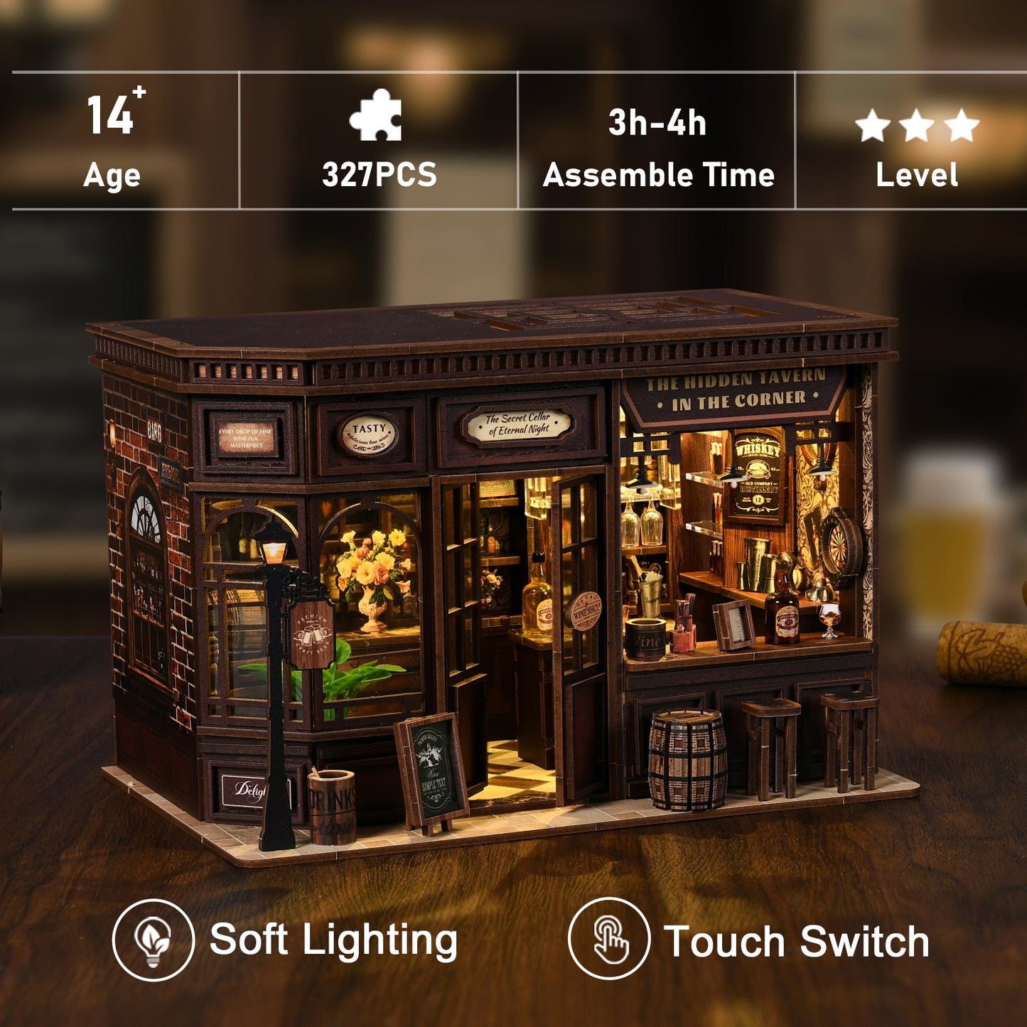 TJWFUNFUN DIY Miniature House – Corner Tavern Book Nook Kit, 327 PCS, difficulty: ★★★, LED Ambient Night Light, Creative Craft for Teens & Adults