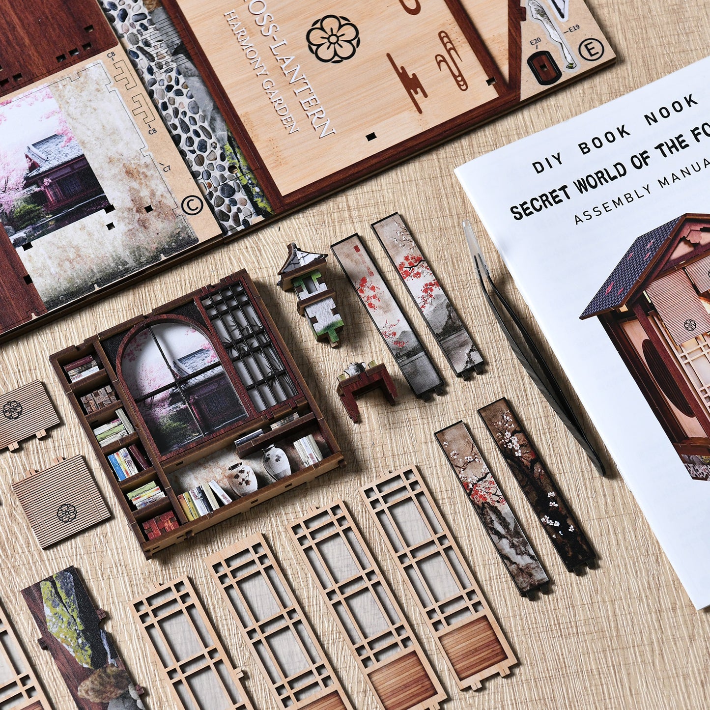 TJWFUNFUN DIY Book Nook Kit – Moss Lantern Harmony Garden, Japanese-Style Miniature Dollhouse with LED Light, Wooden Puzzle Craft Gift for Adults ★★ Difficulty, 14+