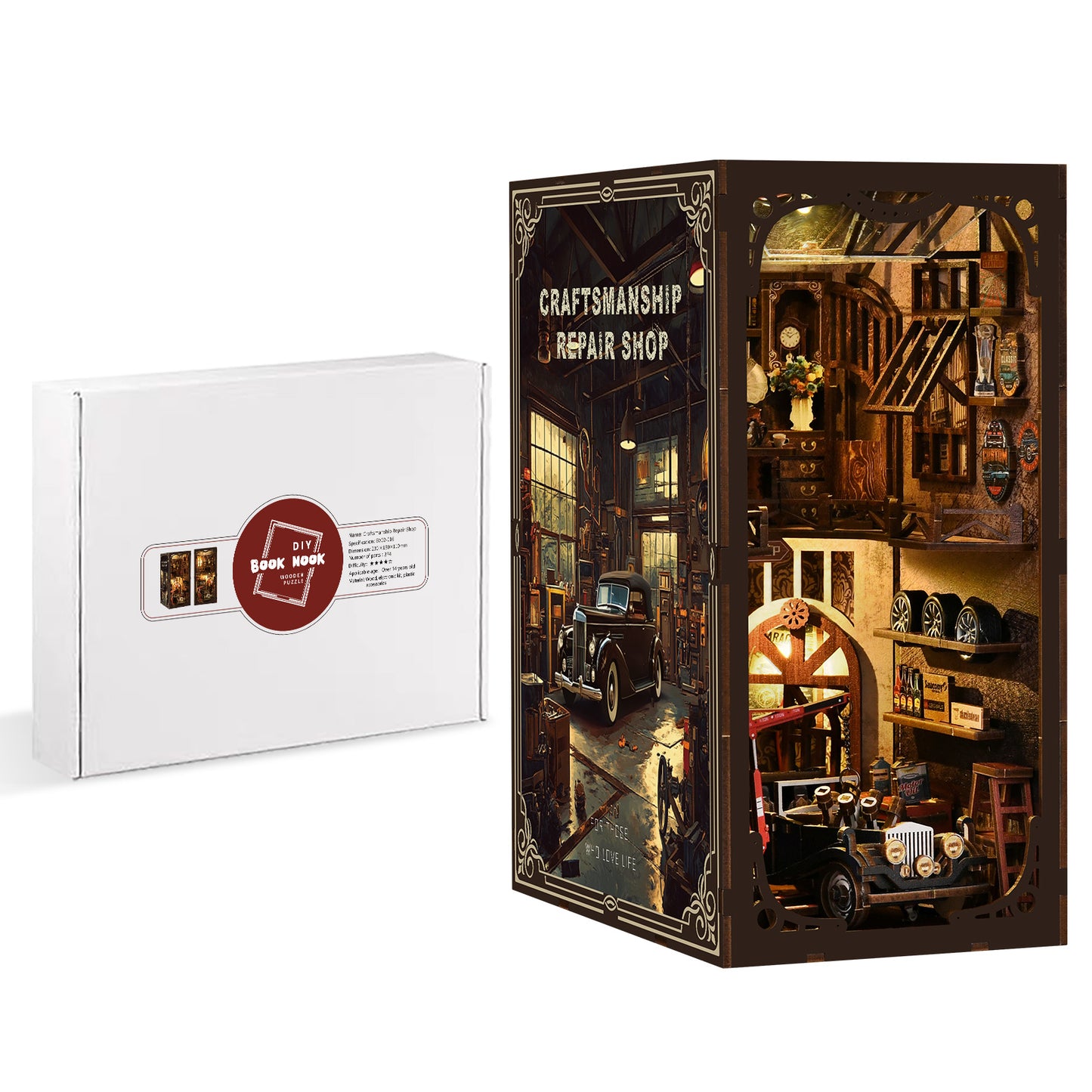 TJWFUNFUN DIY Book Nook Kit – Dark Box Mystery Case Craftsmanship Repair Shop | Difficulty: ★★★★ | 374 Pieces | 4–6 Hours Assembly | Wooden Miniature Model with LED Ambient Light & Dust Cover
