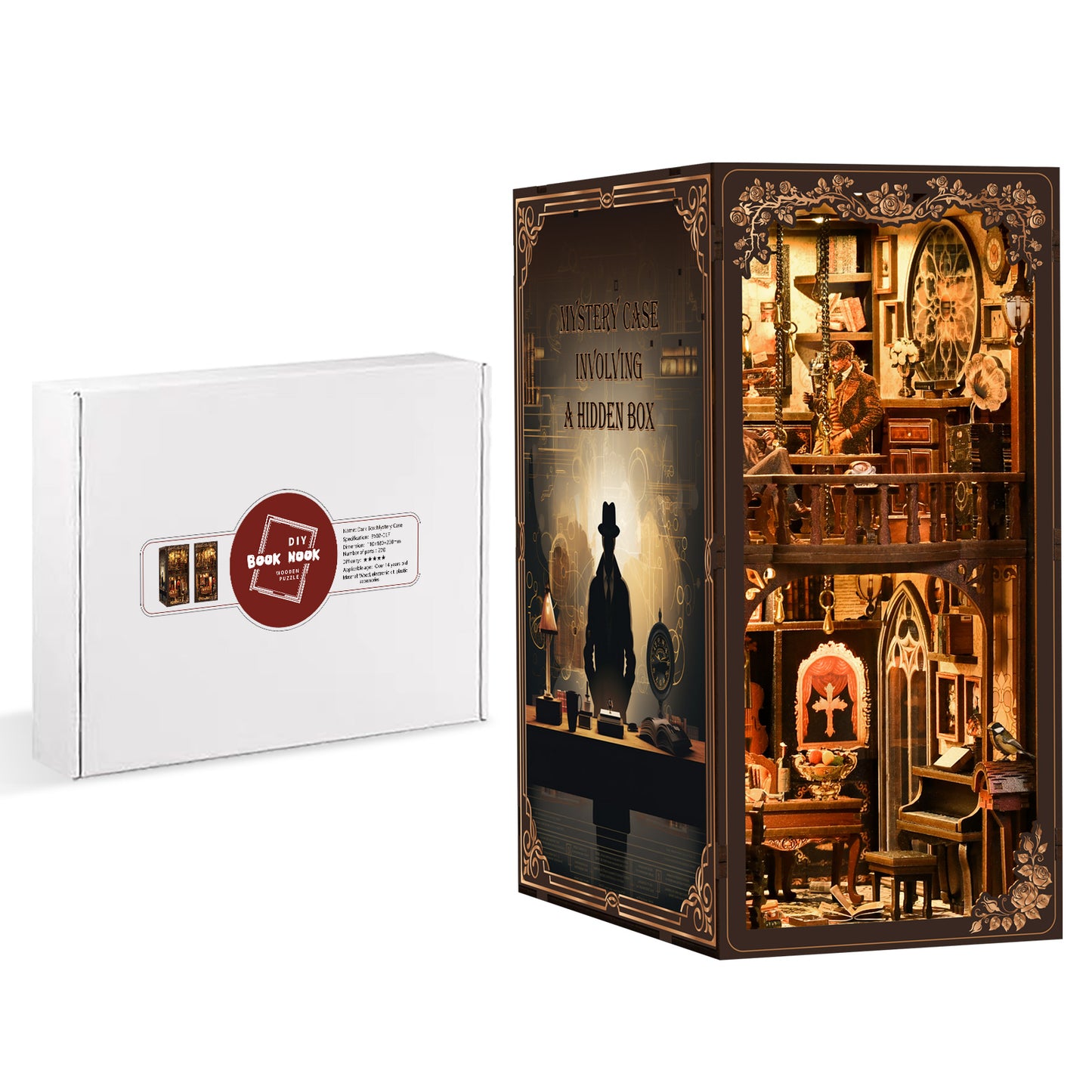 TJWFUNFUN DIY Book Nook Kit – Dark Box Mystery Case Enchanted Forest Library | Difficulty: ★★★★ | 270 Pieces | 6–8 Hours Assembly | 3D Wooden Puzzle Miniature Model with LED Lights & Music for Bookshelf Decoration