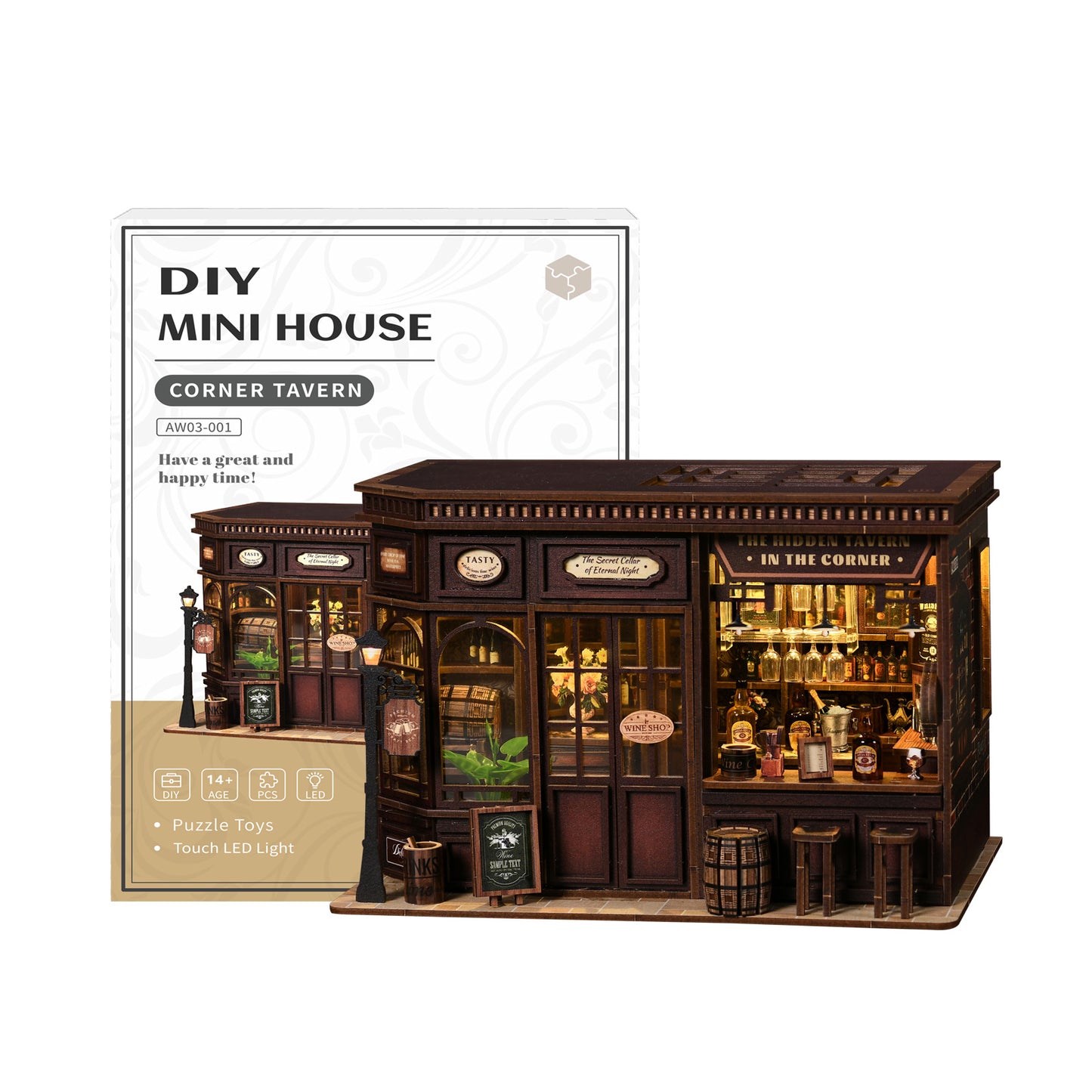 TJWFUNFUN DIY Miniature House – Corner Tavern Book Nook Kit, 327 PCS, difficulty: ★★★, LED Ambient Night Light, Creative Craft for Teens & Adults