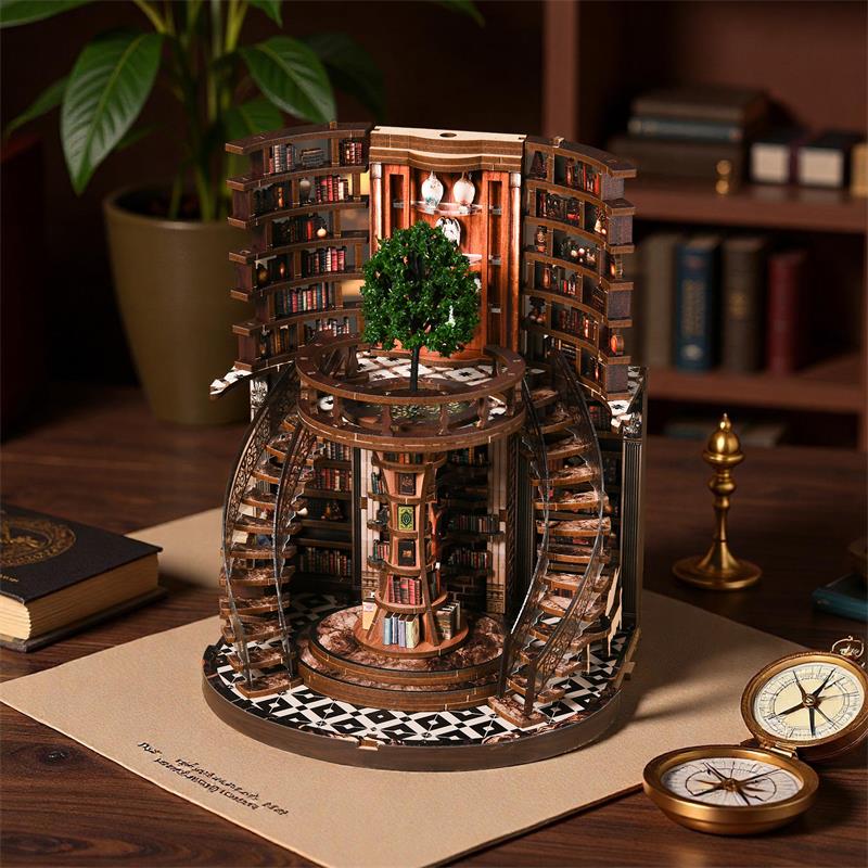 TJWFUNFUN DIY Miniature House – Wisdom Rings Book Repository, 356 PCS, Difficulty: ★★★★, LED Light, Rotating Library Craft for Teens & Adults