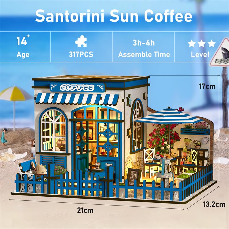 TJWFUNFUN DIY Miniature House – Santorini Sun Coffee Shop Kit, 317 PCS, Difficulty: ★★★, LED Light, Mediterranean Café Model Creative Craft for Teens & Adults