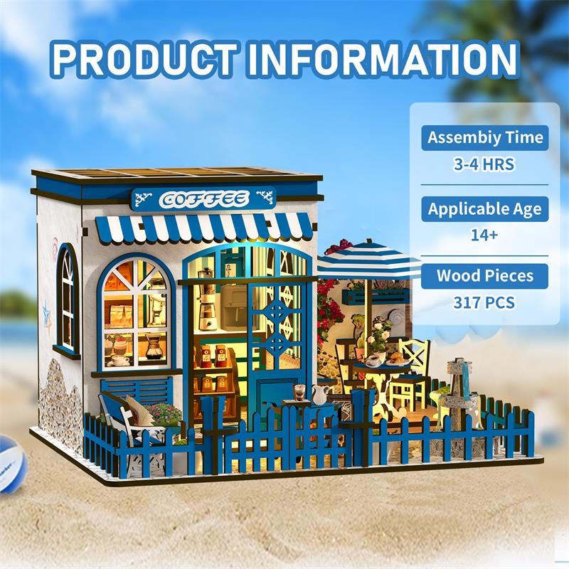 TJWFUNFUN DIY Miniature House – Santorini Sun Coffee Shop Kit, 317 PCS, Difficulty: ★★★, LED Light, Mediterranean Café Model Creative Craft for Teens & Adults