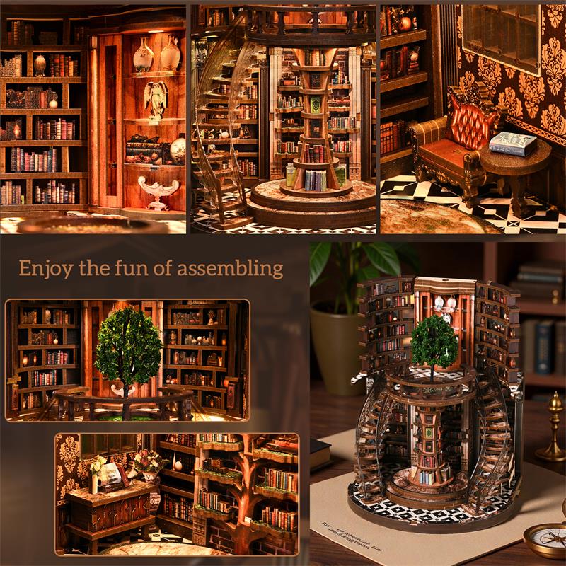 TJWFUNFUN DIY Miniature House – Wisdom Rings Book Repository, 356 PCS, Difficulty: ★★★★, LED Light, Rotating Library Craft for Teens & Adults