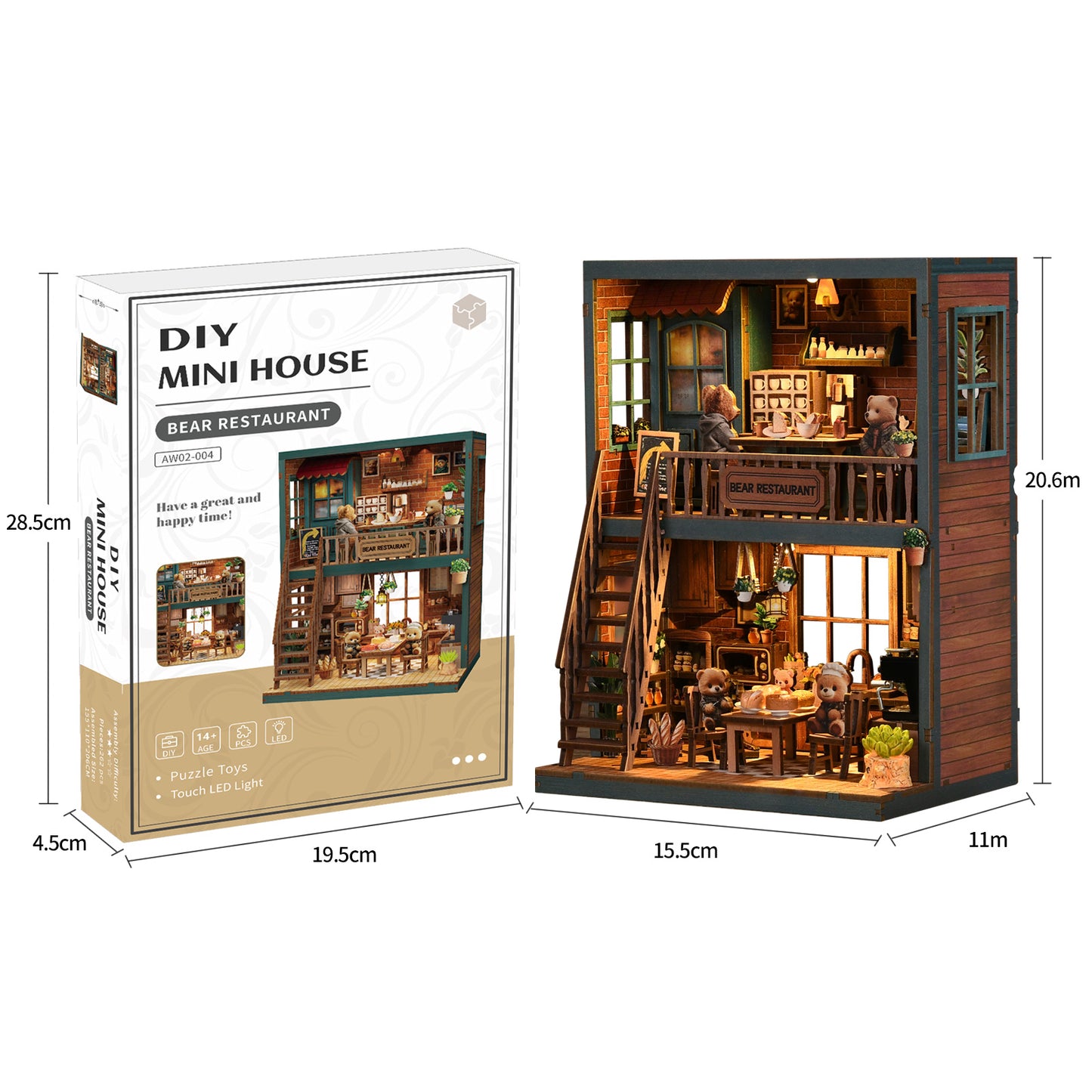Tiny Havens Collection – DIY Mini House “Bear Restaurant” | 264 PCS Wooden Dollhouse Kit with LED Touch Light | Difficulty:★★★ | Age 14+
