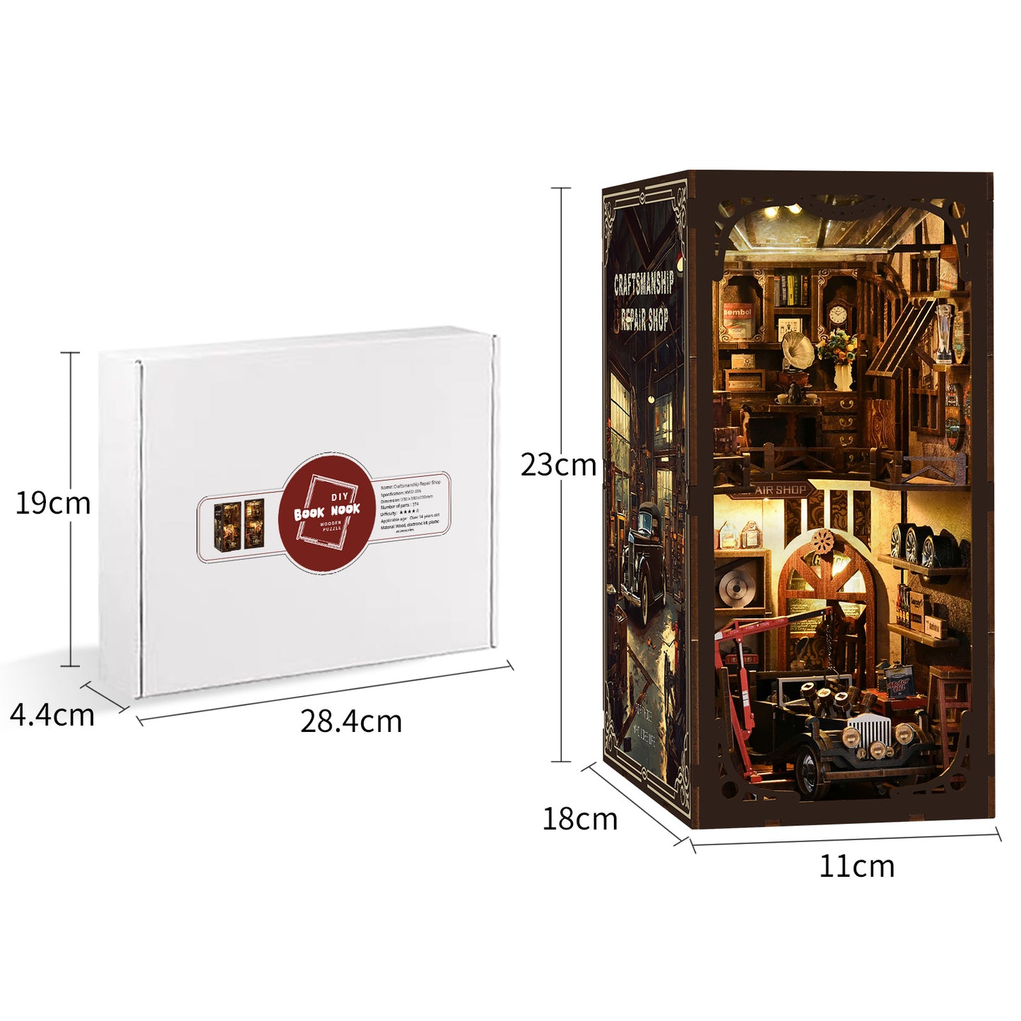 TJWFUNFUN DIY Book Nook Kit – Dark Box Mystery Case Craftsmanship Repair Shop | Difficulty: ★★★★ | 374 Pieces | 4–6 Hours Assembly | Wooden Miniature Model with LED Ambient Light & Dust Cover