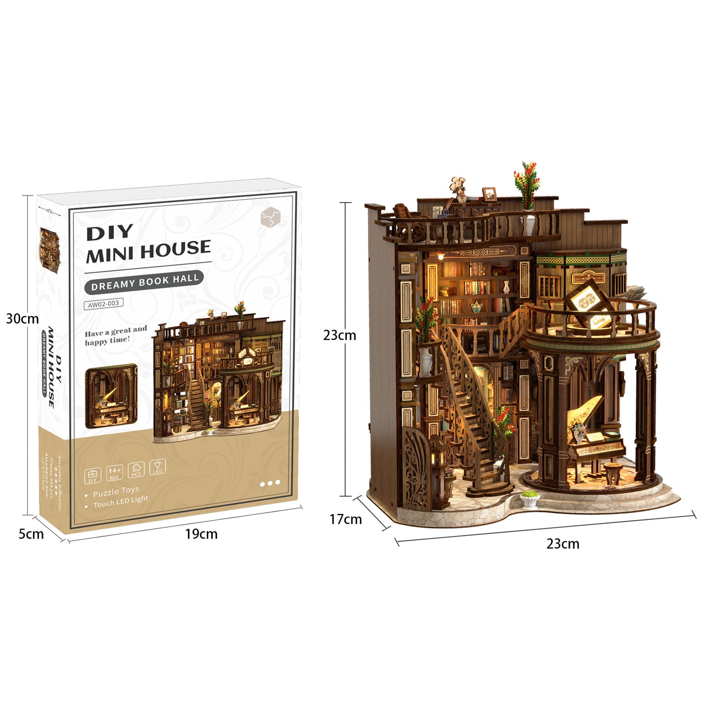 TJWFUNFUN Tiny Havens Collection – Dreamy Book Hall DIY Mini House with LED Light, 888 PCS, Difficulty ★★★★★