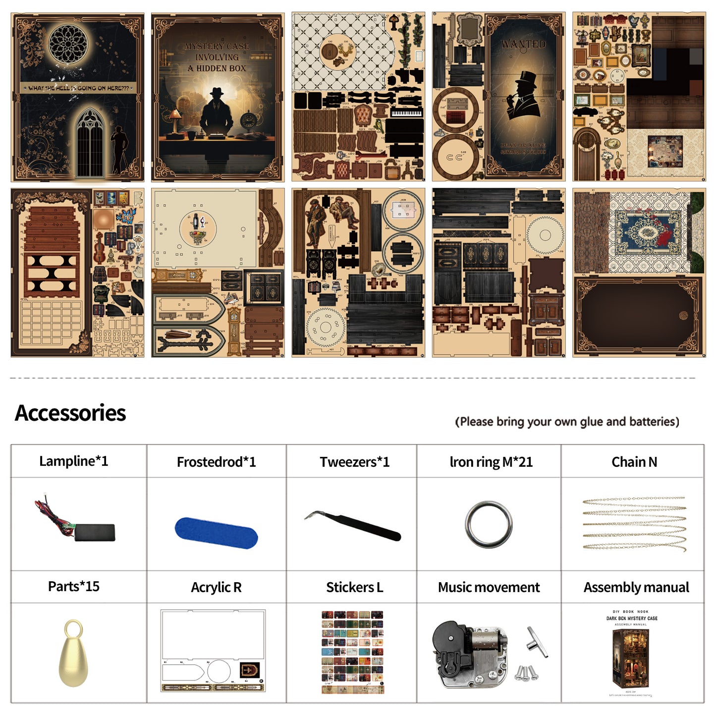 TJWFUNFUN DIY Book Nook Kit – Dark Box Mystery Case Enchanted Forest Library | Difficulty: ★★★★ | 270 Pieces | 6–8 Hours Assembly | 3D Wooden Puzzle Miniature Model with LED Lights & Music for Bookshelf Decoration