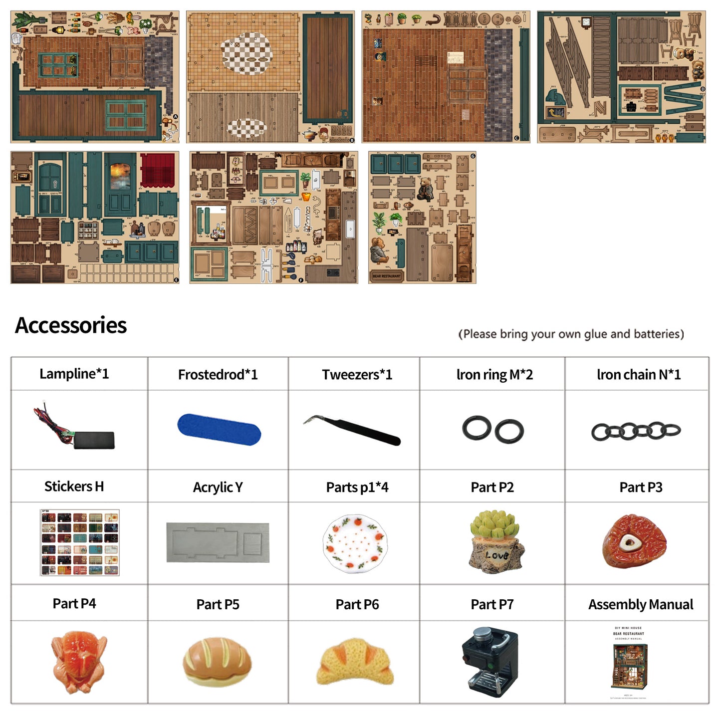 Tiny Havens Collection – DIY Mini House “Bear Restaurant” | 264 PCS Wooden Dollhouse Kit with LED Touch Light | Difficulty:★★★ | Age 14+