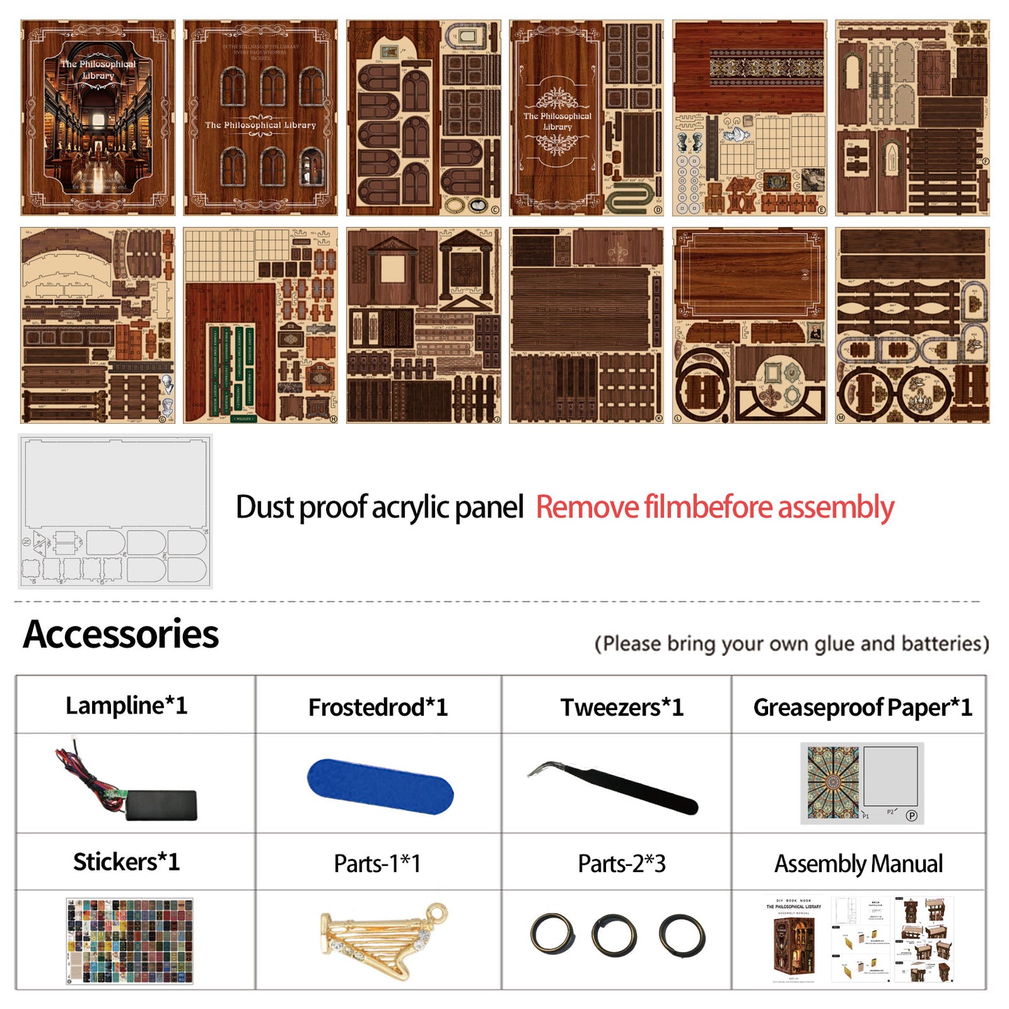 TJWFUNFUN The Philosophical Library DIY Book Nook Kit, 430PCS Wooden Miniature Bookshelf Diorama with LED Lights – Difficulty ★★★