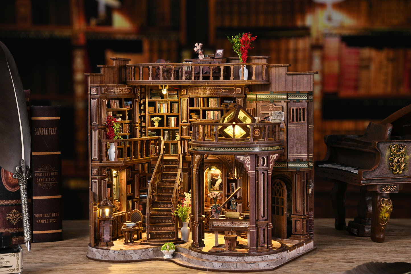 TJWFUNFUN Tiny Havens Collection – Dreamy Book Hall DIY Mini House with LED Light, 888 PCS, Difficulty ★★★★★