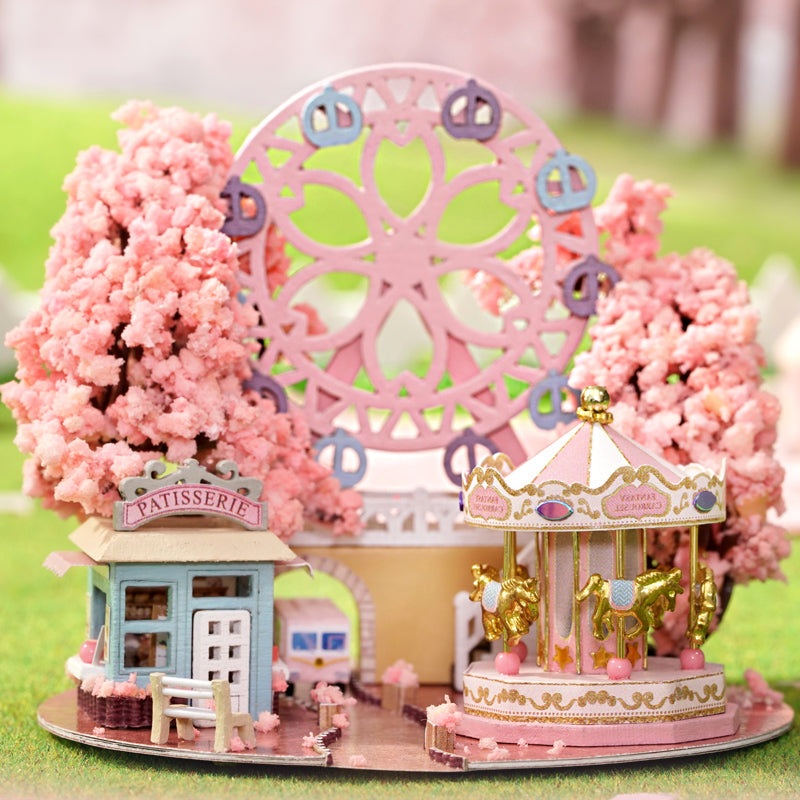 TJWFUNFUN Sakura Scenery – DIY Dream Bottle Miniature Kit | Cherry Blossom Park Scene with Carousel & LED Light | Handcrafted Glass Jar Model for Romantic Dreamers