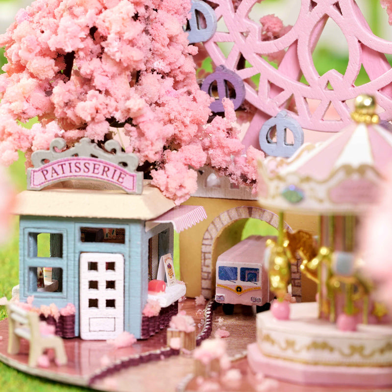 TJWFUNFUN Sakura Scenery – DIY Dream Bottle Miniature Kit | Cherry Blossom Park Scene with Carousel & LED Light | Handcrafted Glass Jar Model for Romantic Dreamers