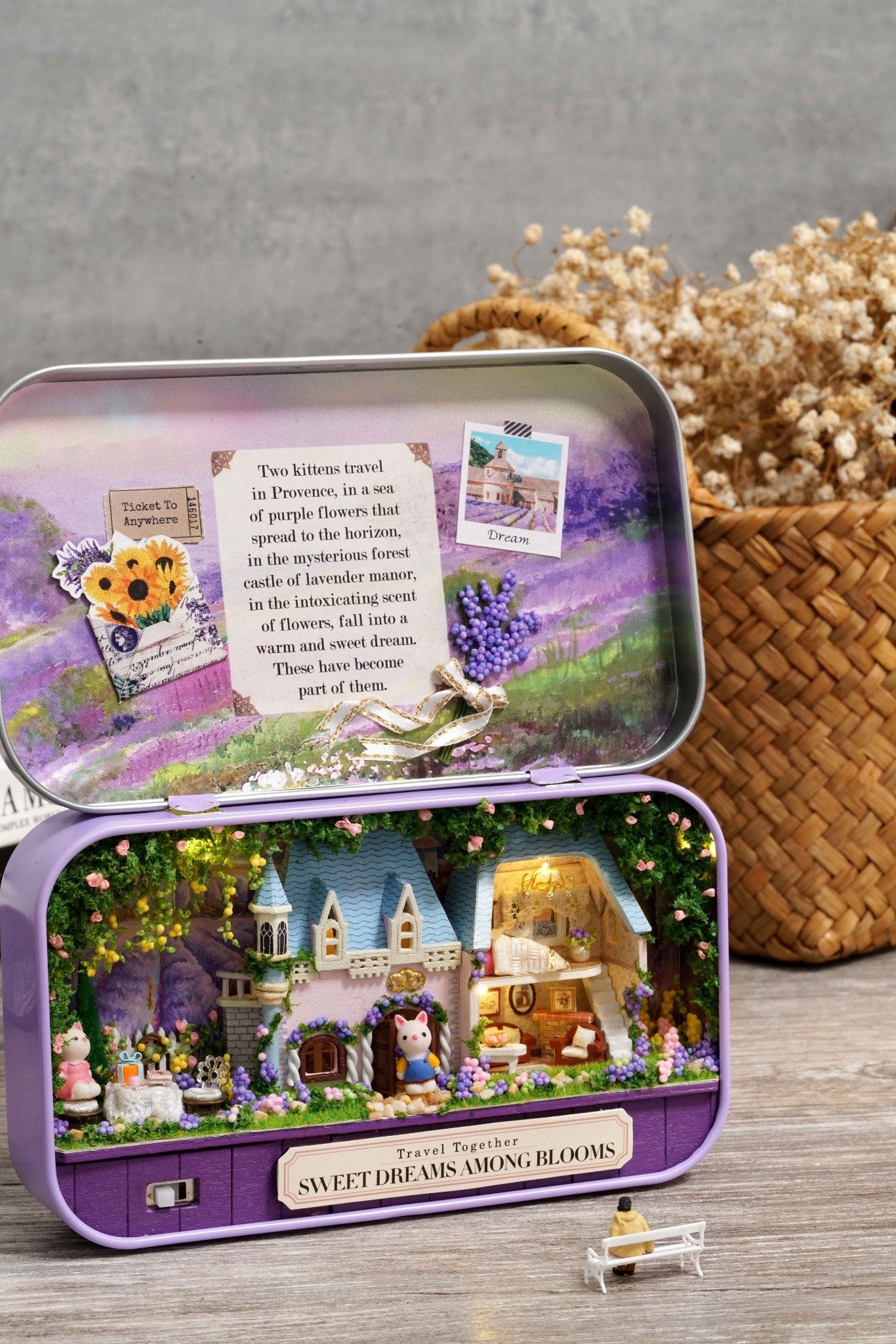 Sweet Dreams Among Blooms Miniature Dollhouse Kit – Lavender Manor DIY Box Theatre with LED Light & Tools, Romantic Handcraft Gift for Adults & Teens