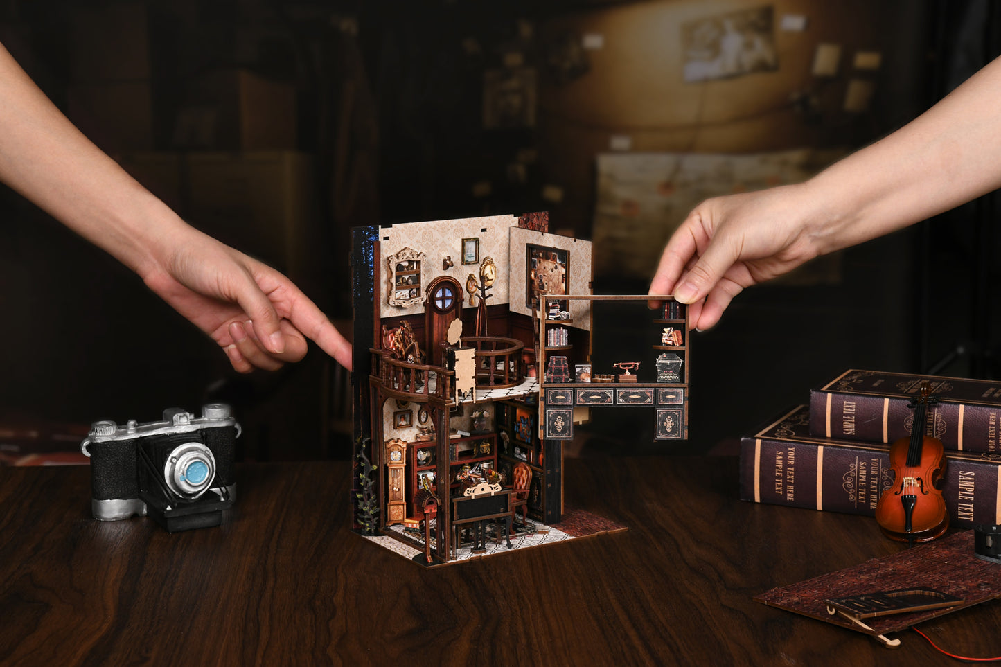 TJWFUNFUN DIY Book Nook Kit – Dark Box Mystery Case Enchanted Forest Library | Difficulty: ★★★★ | 270 Pieces | 6–8 Hours Assembly | 3D Wooden Puzzle Miniature Model with LED Lights & Music for Bookshelf Decoration