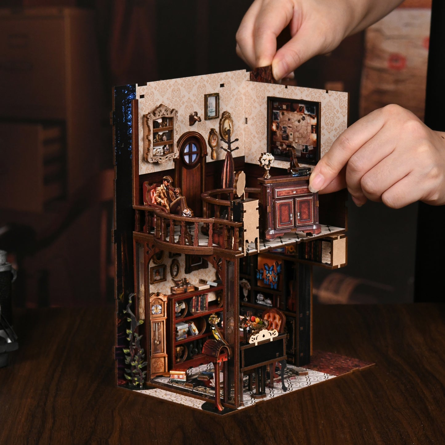 TJWFUNFUN DIY Book Nook Kit – Dark Box Mystery Case Enchanted Forest Library | Difficulty: ★★★★ | 270 Pieces | 6–8 Hours Assembly | 3D Wooden Puzzle Miniature Model with LED Lights & Music for Bookshelf Decoration