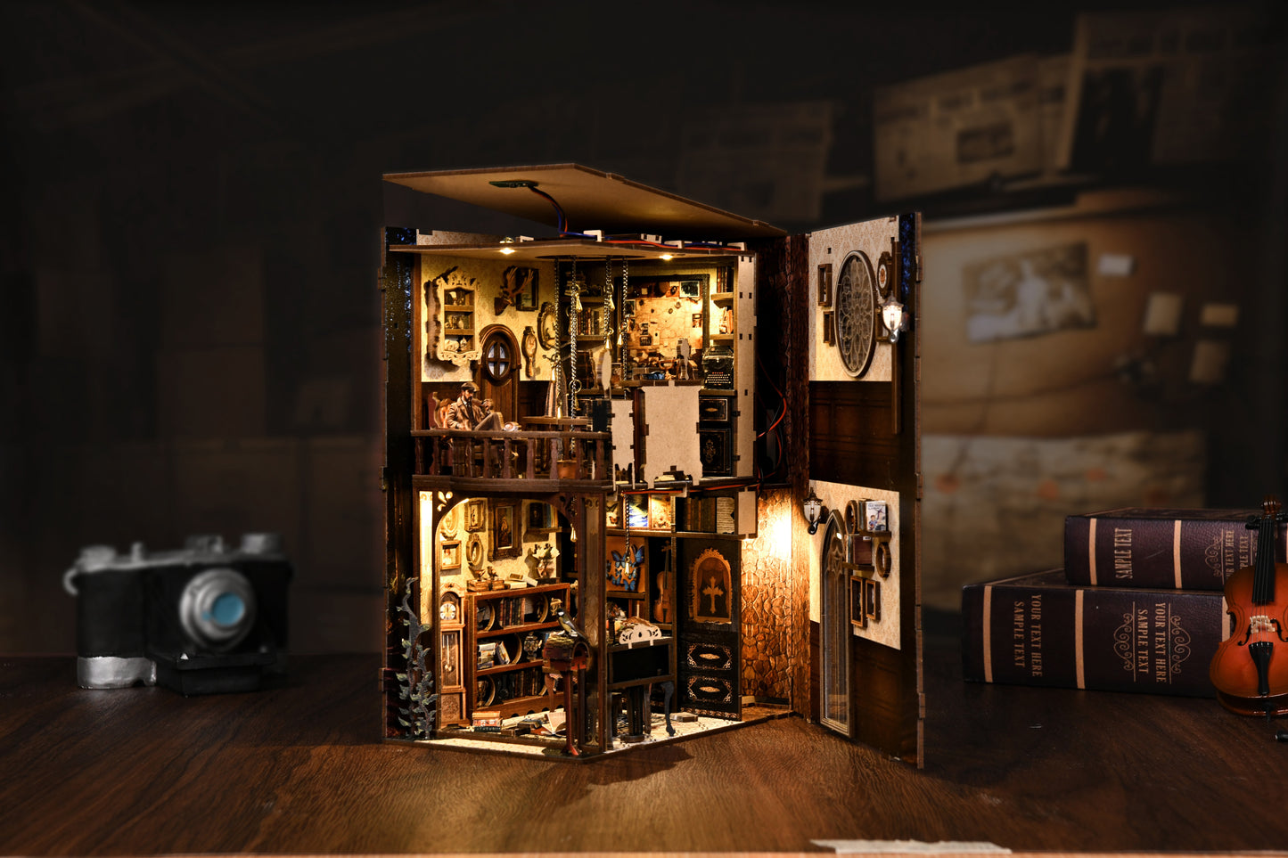 TJWFUNFUN DIY Book Nook Kit – Dark Box Mystery Case Enchanted Forest Library | Difficulty: ★★★★ | 270 Pieces | 6–8 Hours Assembly | 3D Wooden Puzzle Miniature Model with LED Lights & Music for Bookshelf Decoration