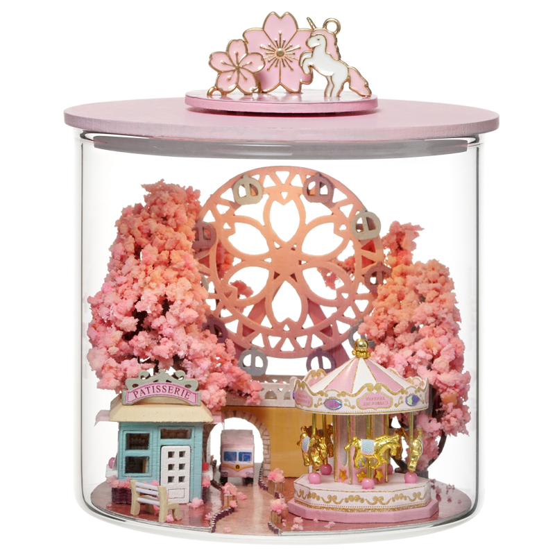 TJWFUNFUN Sakura Scenery – DIY Dream Bottle Miniature Kit | Cherry Blossom Park Scene with Carousel & LED Light | Handcrafted Glass Jar Model for Romantic Dreamers