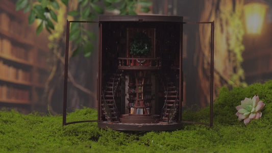 TJWFUNFUN DIY Miniature House – Wisdom Rings Book Repository, 356 PCS, Difficulty: ★★★★, LED Light, Rotating Library Craft for Teens & Adults